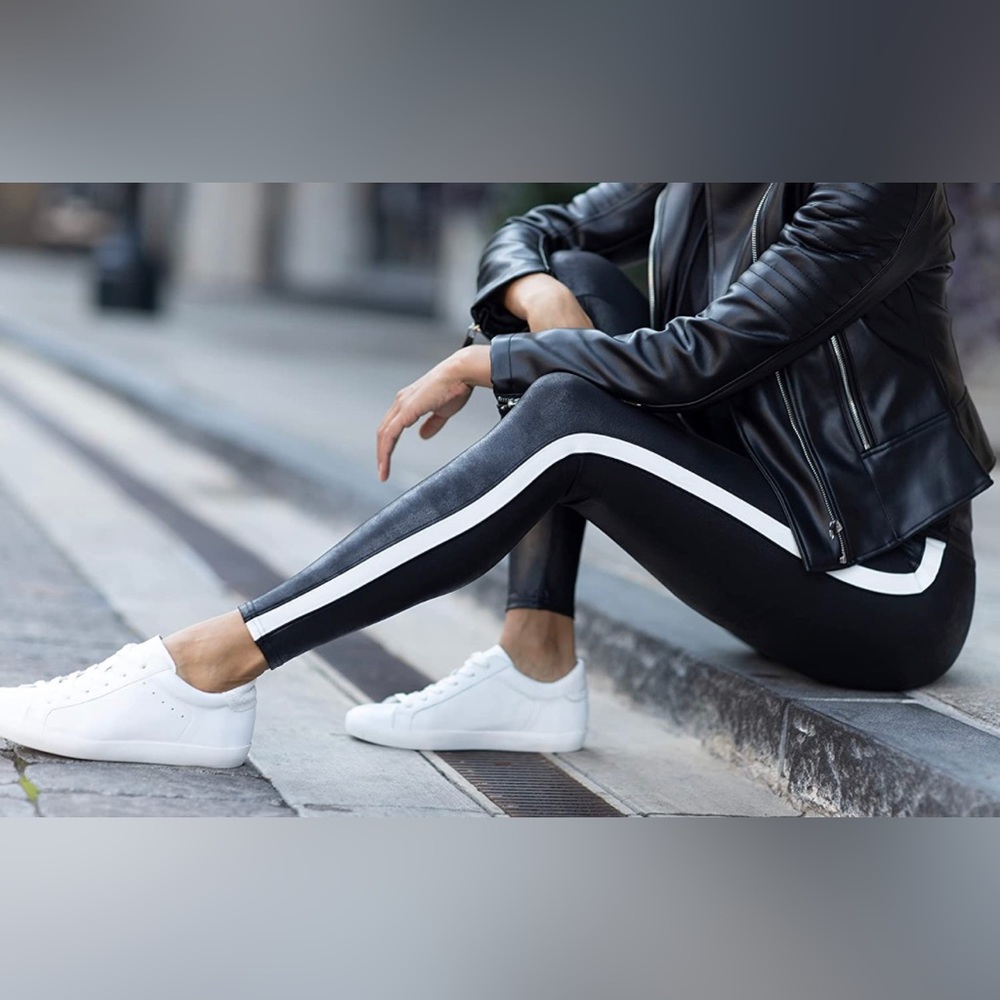 Women’s spanx faux leather leggings white stripe size medium